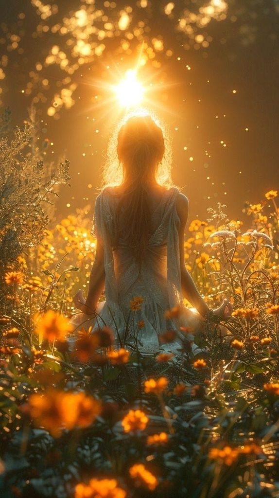 Woman sitting in a sunlit flower field with sunlight glowing above her head.