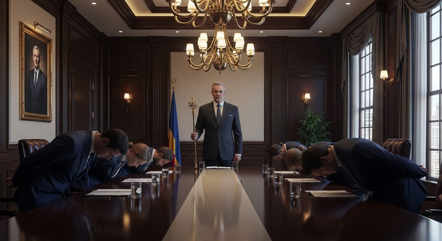 Leader stands as others bow in submission.