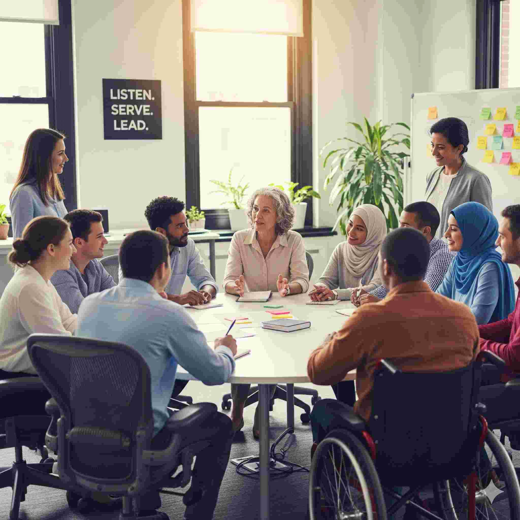 Diverse team in a meeting discussing ideas around a table.