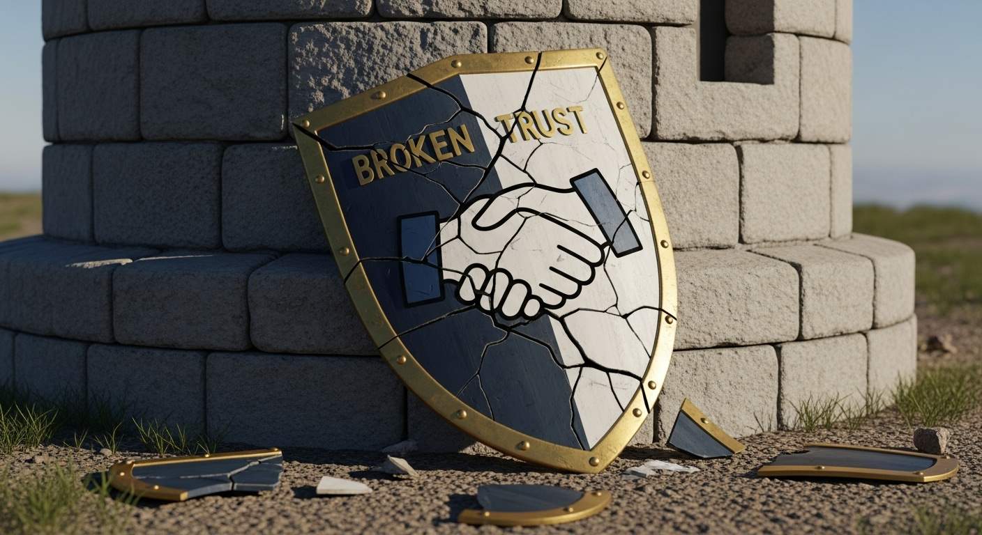 Cracked shield labeled ‘Broken Trust’ with a broken handshake.