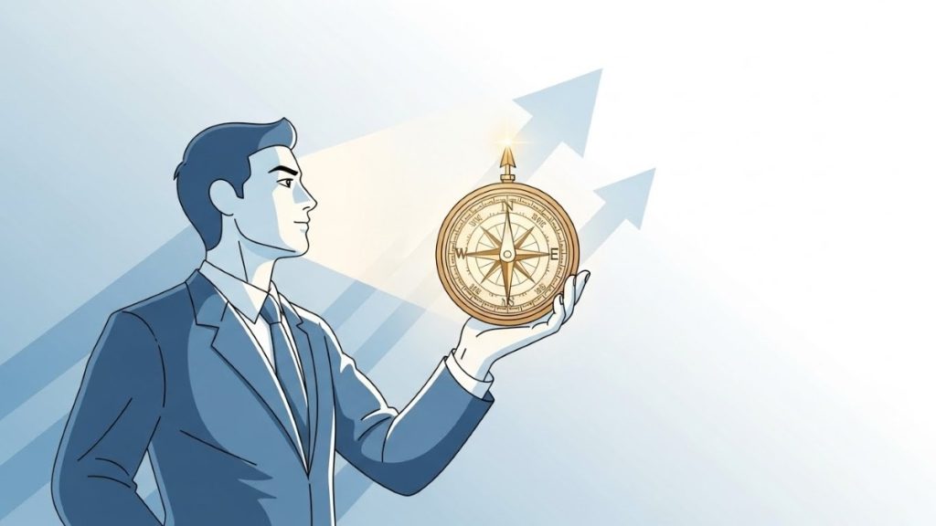 Leader holding a glowing compass for direction.